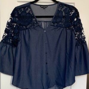Unique Spectrum Navy Crochet-Shoulder Button Front Blouse